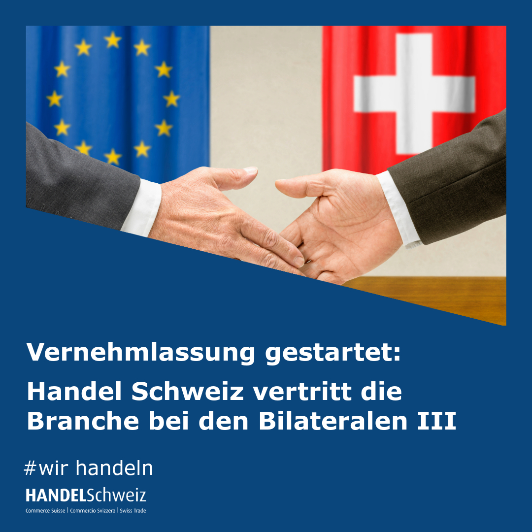 HandelSchweiz's tweet image. Die #Bilateralen III liegen jetzt auf dem Tisch, @HandelSchweiz wird sich - im Dialog mit den Verbandsmitgliedern – aktiv in der Vernehmlassung und Beratung im Parlament einbringen. Für die Schweiz und ihre #Wirtschaft ist ein verlässlicher Zugang zum #EU-#Binnenmarkt zwingend.