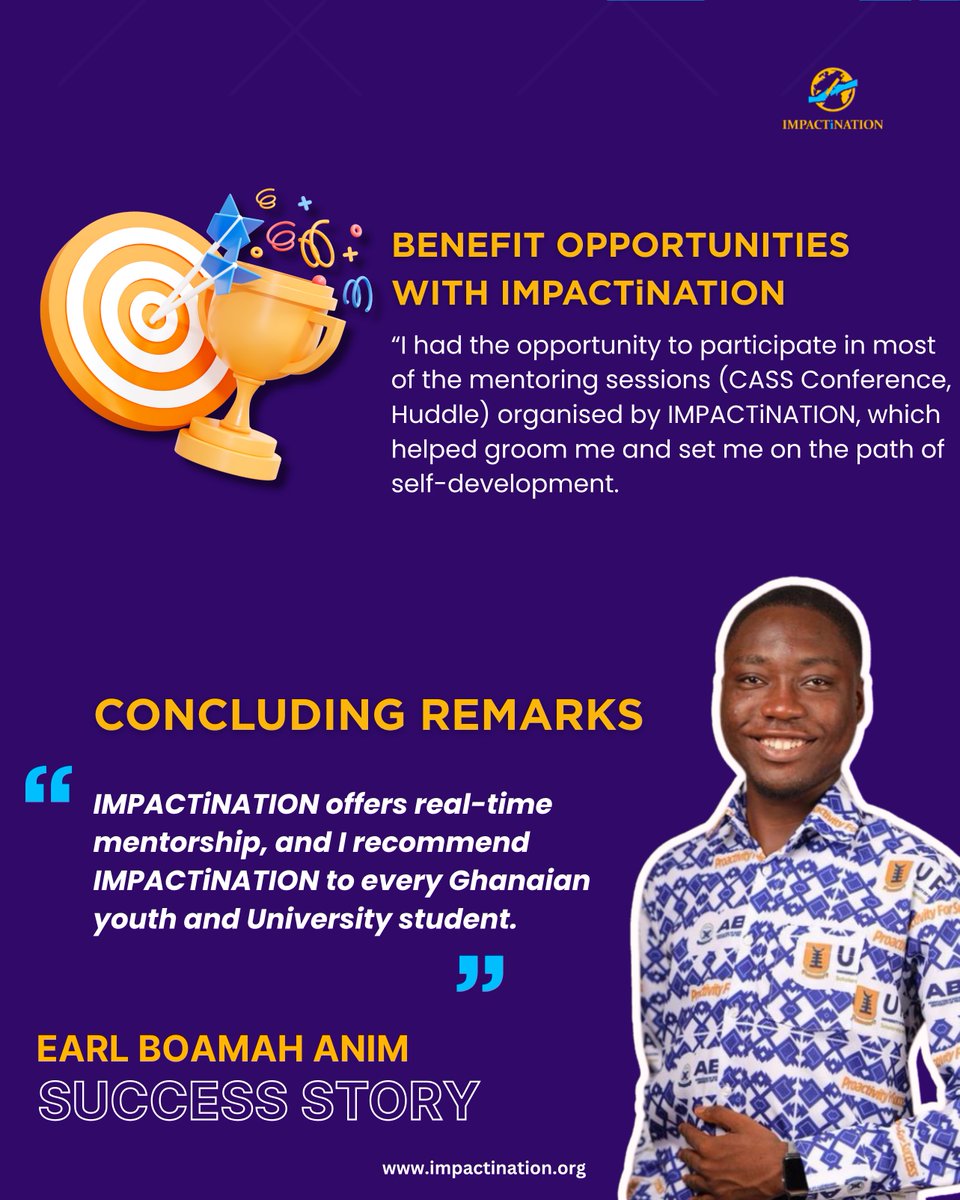 impactination's tweet image. THE IMPACT GEMS - Shaped by purpose, guided by IMPACTiNATION’s Mentorship.

Meet our inspirer, Earl Boamah (@BoamahEarlAnim), a proud beneficiary of IMPACTiNATION’s purpose-driven mentorship that shapes lives.

1/2 #IMPACTiNATION #PassingTheBaton