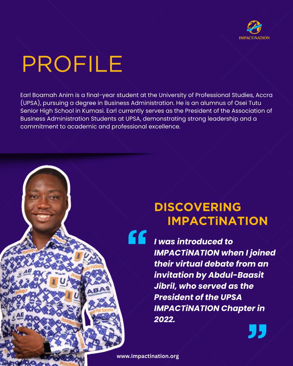 impactination's tweet image. THE IMPACT GEMS - Shaped by purpose, guided by IMPACTiNATION’s Mentorship.

Meet our inspirer, Earl Boamah (@BoamahEarlAnim), a proud beneficiary of IMPACTiNATION’s purpose-driven mentorship that shapes lives.

1/2 #IMPACTiNATION #PassingTheBaton