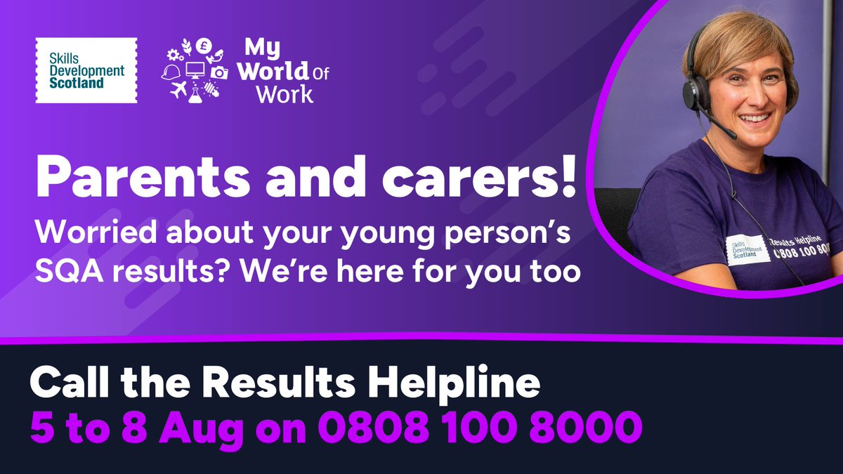 DeanAndersonDWP's tweet photo. Parents and carers! Worried about your young person’s #SQAresults? SDS is there for you on the phone, in SDS centres, and there’s help online at My World of Work https://t.co/kwjA1FUiFG