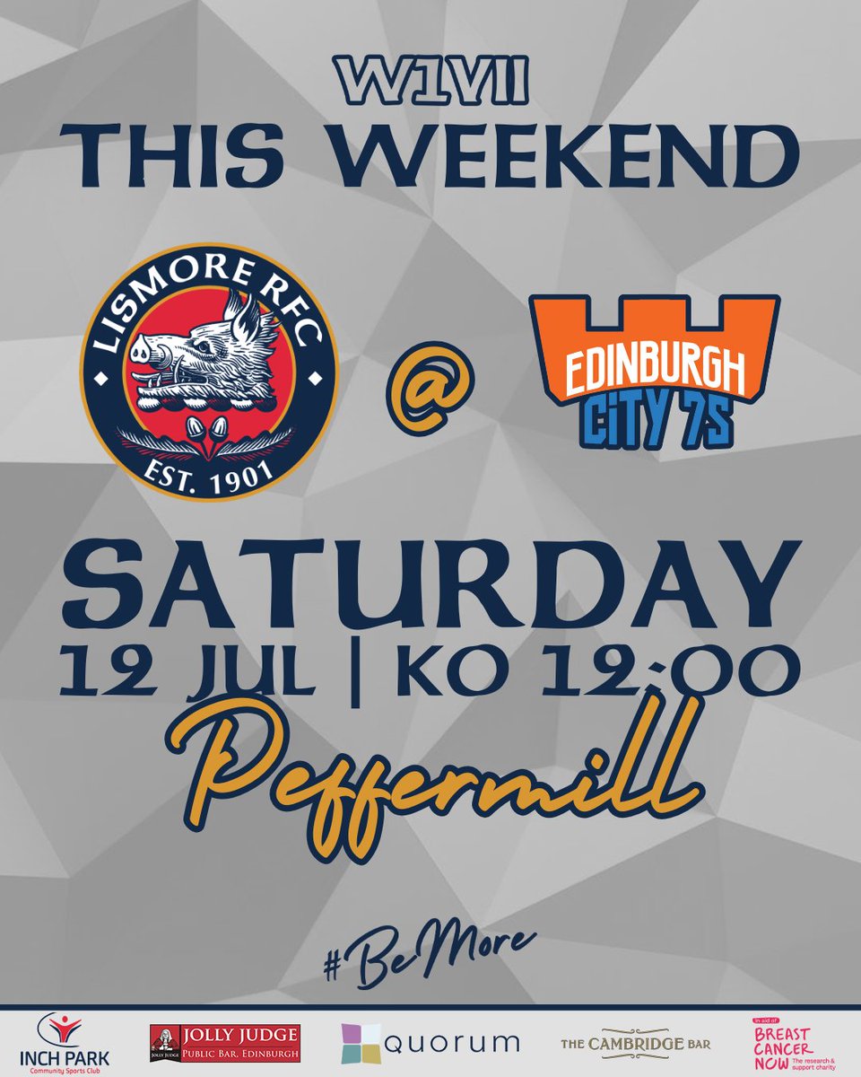 THIS WEEKEND'S SEVENS! 🏉

The W1VII are heading to <a href="/edinburghcity7s/">Edinburgh City 7s</a> this Saturday!

Best of luck to the team! 👏

Thanks to our sponsors:
🌐 <a href="/QNRLtweets/">Quorum</a>
👨‍⚖️ <a href="/Jolly_Judge/">Jolly Judge</a>
🍺 <a href="/cambridgebar20/">The Cambridge Bar</a>
🏉 <a href="/IPCSC_/">Inch Park Community Sports Club</a>
🩷 <a href="/BreastCancerNow/">Breast Cancer Now</a> 

#BeMore