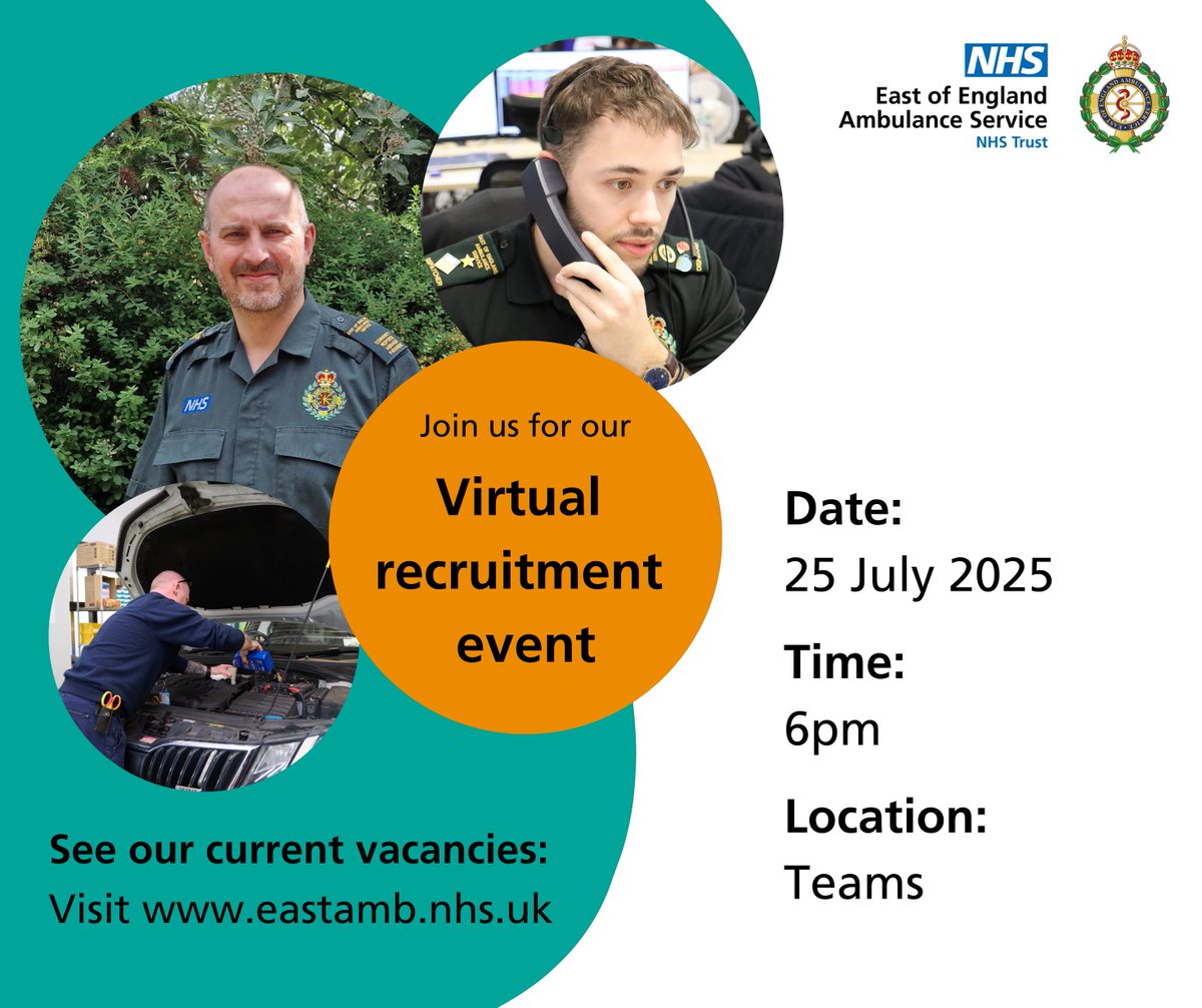 EastEnglandAmb's tweet image. ⏰The clock is ticking to our next virtual recruitment event! Have you booked your place? ⏰
📅 Our next virtual recruitment event is taking place on Thursday 25 July at 6pm.
🔗 Express your interest by filling in the form on our website: eastamb.nhs.uk/form/expressio…