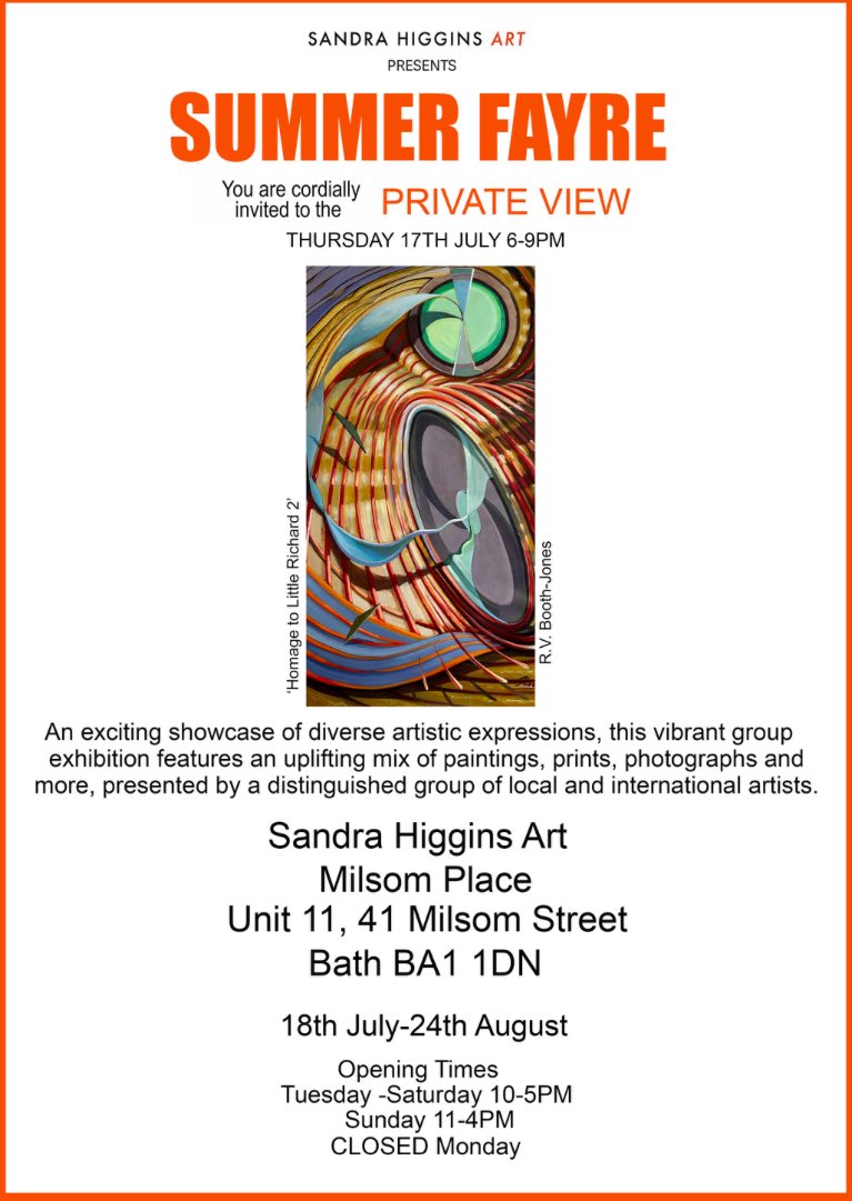 Come to Bath on the 17th July for this PV 6-9pm of a group show ‘Summer Fayre Exhibition’ I shall be exhibiting ‘Upon this Rock’ ; ‘Bedazzled’ and ‘Only you can feel the sun on your skin’ :
Sandra Higgins Art: Milton Place, Unit 11.
41, Milton Street, Bath BA1 1DN