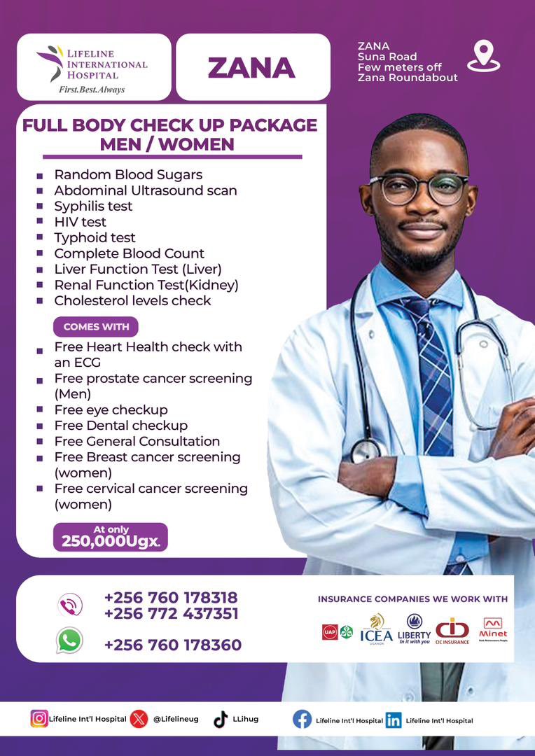 LifelineIntlUG's tweet photo. Hello, here is a package well crafted for your full body check up at our Zana and Kira branches. Do not miss out on this amazing offer #new #Trending #health #viral #body https://t.co/MHermMbYkn