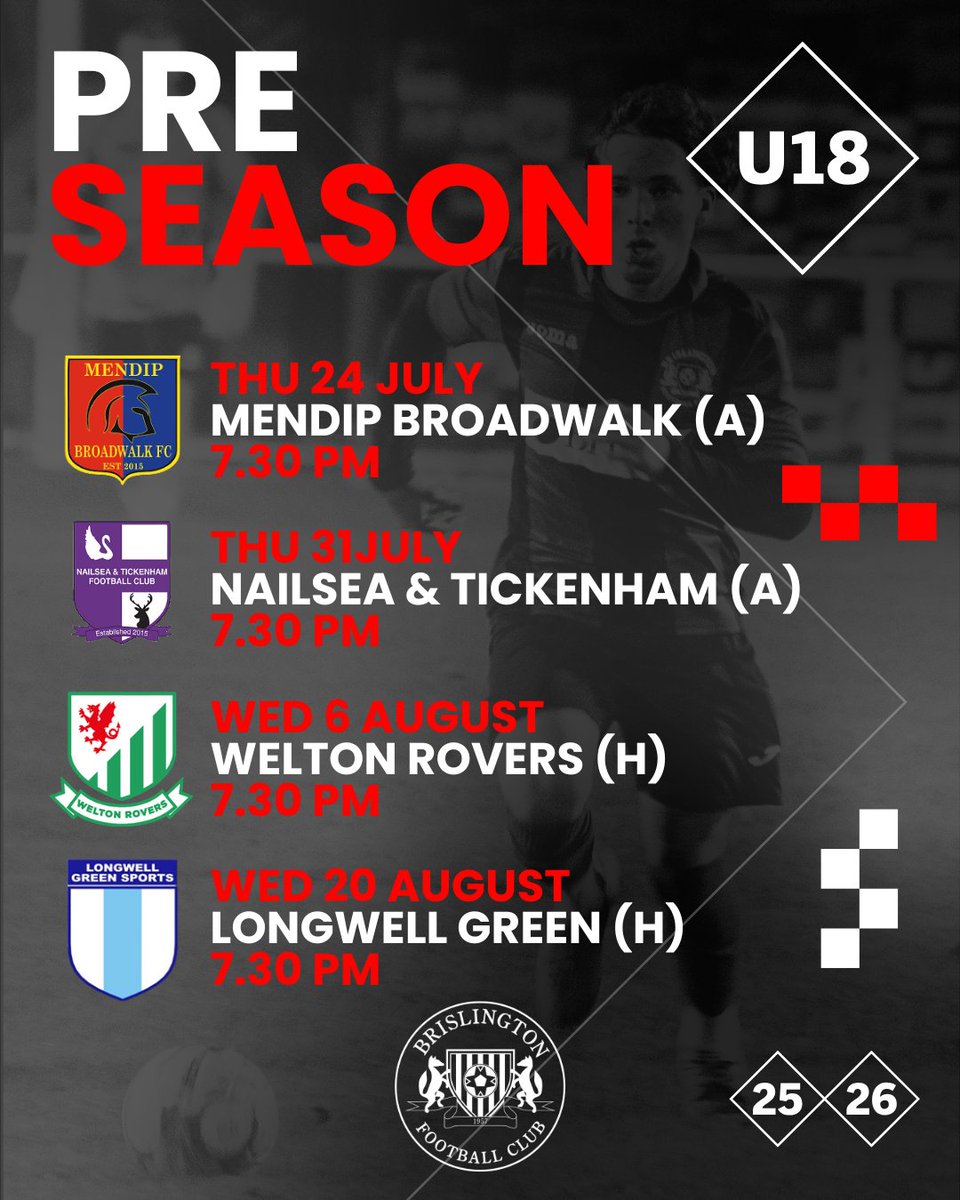 Brislington FC U18 (@brisfcu18) on Twitter photo 📆 Updated u18 Pre-season schedule
🆚<a href="/NandTFC/">NandTFC</a> (new date) <a href="/MendipBroadwalk/">Mendip Broadwalk FC</a> <a href="/WeltonRoversFC/">Welton Rovers 🇳🇬</a> <a href="/LWGSports18s/">Longwell Green Sports u18s 🏆</a>
<a href="/BrislingtonFC/">Brislington FC</a> <a href="/swsportsnews/">South West Sports News</a> <a href="/NonLeaguePaper/">The Non-League Paper</a> <a href="/wcfyl/">Western Counties Floodlight Youth League</a>
#UpTheBriz #PreSeason 📆 Updated u18 Pre-season schedule
🆚<a href="/NandTFC/">NandTFC</a> (new date) <a href="/MendipBroadwalk/">Mendip Broadwalk FC</a> <a href="/WeltonRoversFC/">Welton Rovers 🇳🇬</a> <a href="/LWGSports18s/">Longwell Green Sports u18s 🏆</a>
<a href="/BrislingtonFC/">Brislington FC</a> <a href="/swsportsnews/">South West Sports News</a> <a href="/NonLeaguePaper/">The Non-League Paper</a> <a href="/wcfyl/">Western Counties Floodlight Youth League</a>
#UpTheBriz #PreSeason