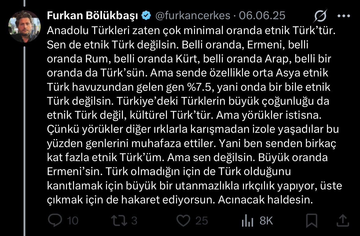 Başbuğ (@anatolianbeg) on Twitter photo <a href="/AltayCemMeric/">Altay Cem Meriç</a> Tam bir alçak herif. Biraz kaşıyınca altlarındaki o ırkçı kin çıkıyor “ben senden birkaç kat fazla etnik Türk’üm. Ama sen değilsin. Büyük oranda Ermeni’sin.” <a href="/AltayCemMeric/">Altay Cem Meriç</a> Tam bir alçak herif. Biraz kaşıyınca altlarındaki o ırkçı kin çıkıyor “ben senden birkaç kat fazla etnik Türk’üm. Ama sen değilsin. Büyük oranda Ermeni’sin.”