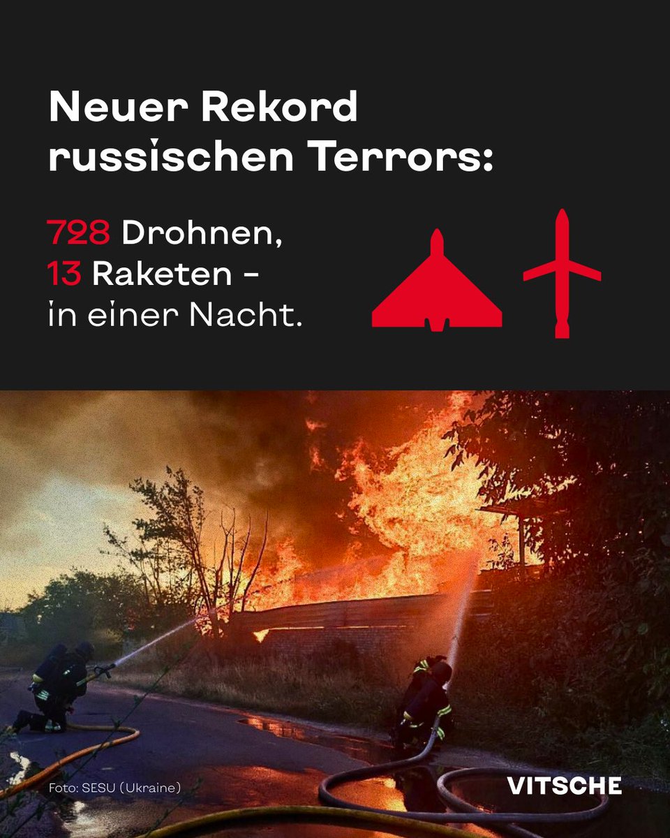VitscheBerlin's tweet image. In der Nacht zum 9. Juli griff russland die Ukraine mit 741 Luftzielen an – darunter ein neuer Rekord: 728 Drohnen und 13 Raketen.
Betroffen waren unter anderem Luzk, Dnipro, Schytomyr, Kyjiw, Kropyvnyzkyj, Mykolajiw, Sumy, Charkiw, Chmelnyzkyj, Tscherkassy und Tschernihiw.