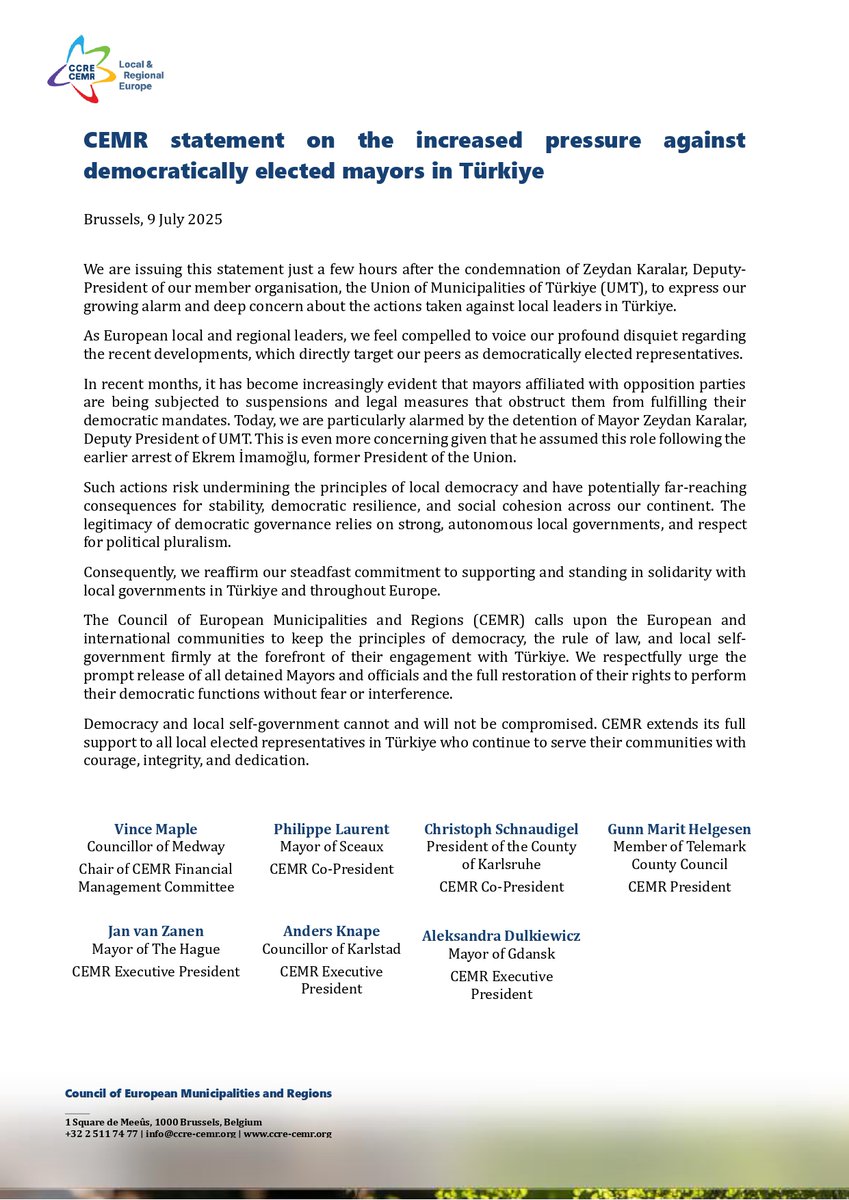 Council of European Municipalities and Regions (@ccrecemr) on Twitter photo 🔴 CEMR condemns the rising pressure on elected mayors in #Türkiye, following the detention of #Adana Mayor <a href="/ZeydanKaralar01/">Zeydan Karalar</a> and Deputy-President of <a href="/TBB/">Türkiye Belediyeler Birliği / 1945</a>
📢 "We call upon the European and international communities to keep the principles of #Democracy"
🔗 ccre-cemr.org/statutory-affa… 🔴 CEMR condemns the rising pressure on elected mayors in #Türkiye, following the detention of #Adana Mayor <a href="/ZeydanKaralar01/">Zeydan Karalar</a> and Deputy-President of <a href="/TBB/">Türkiye Belediyeler Birliği / 1945</a>
📢 "We call upon the European and international communities to keep the principles of #Democracy"
🔗 ccre-cemr.org/statutory-affa…