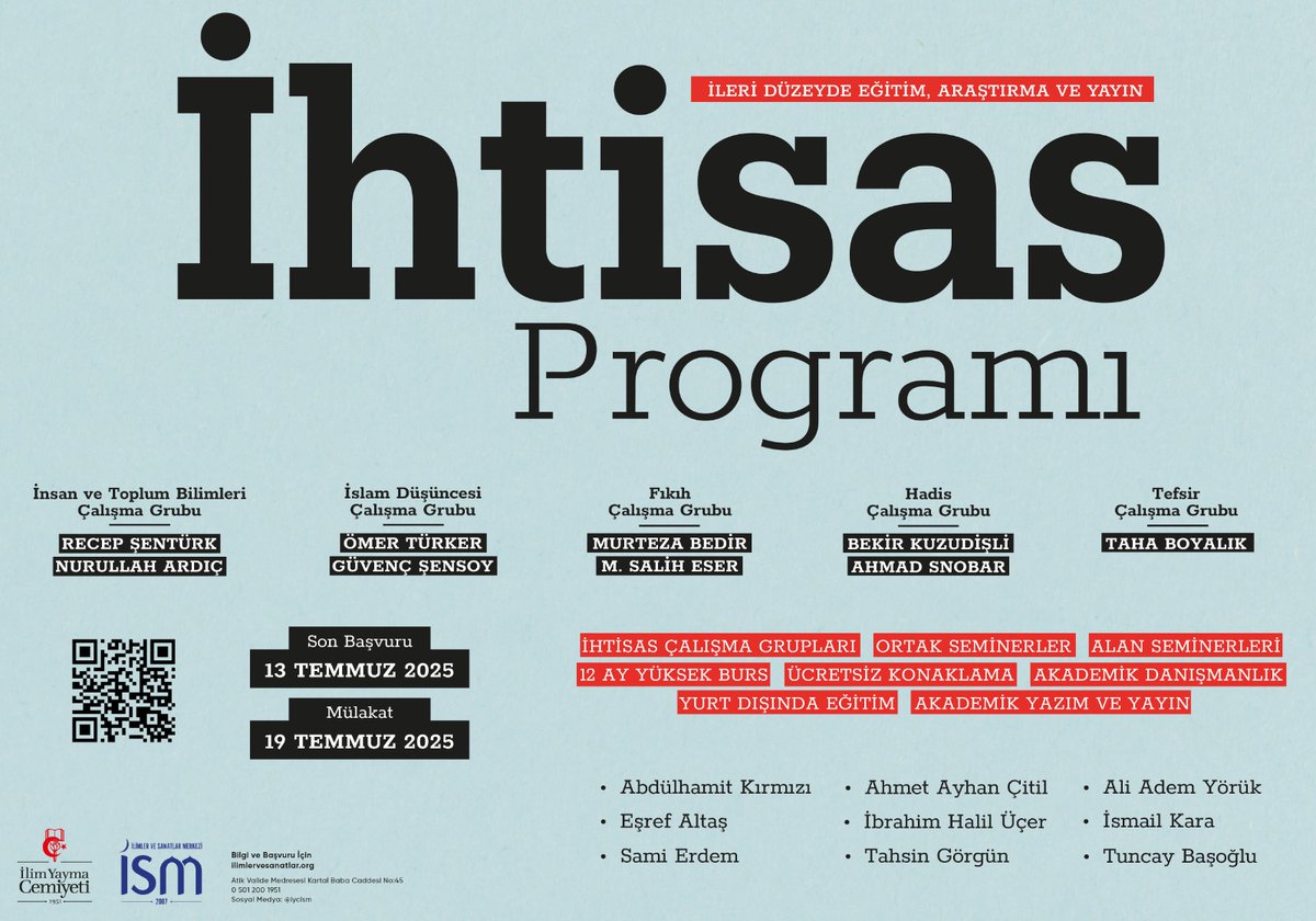 📚 İSM İHTİSAS PROGRAMI BAŞVURULARINDA SON GÜNLER!

Son Başvuru: 13 Temmuz
Mülakat: 19 Temmuz

🗒️2+1 Yıllık Özel Bir Program
📖Alan Odaklı İhtisas Çalışma Grupları
✍️Seçkin Akademik Kadro
🏠Ücretsiz Konaklama
🤝12 Ay Yüksek Burs

Ayrıntılı Bilgi ve Başvuru
bit.ly/3SZ4IPp