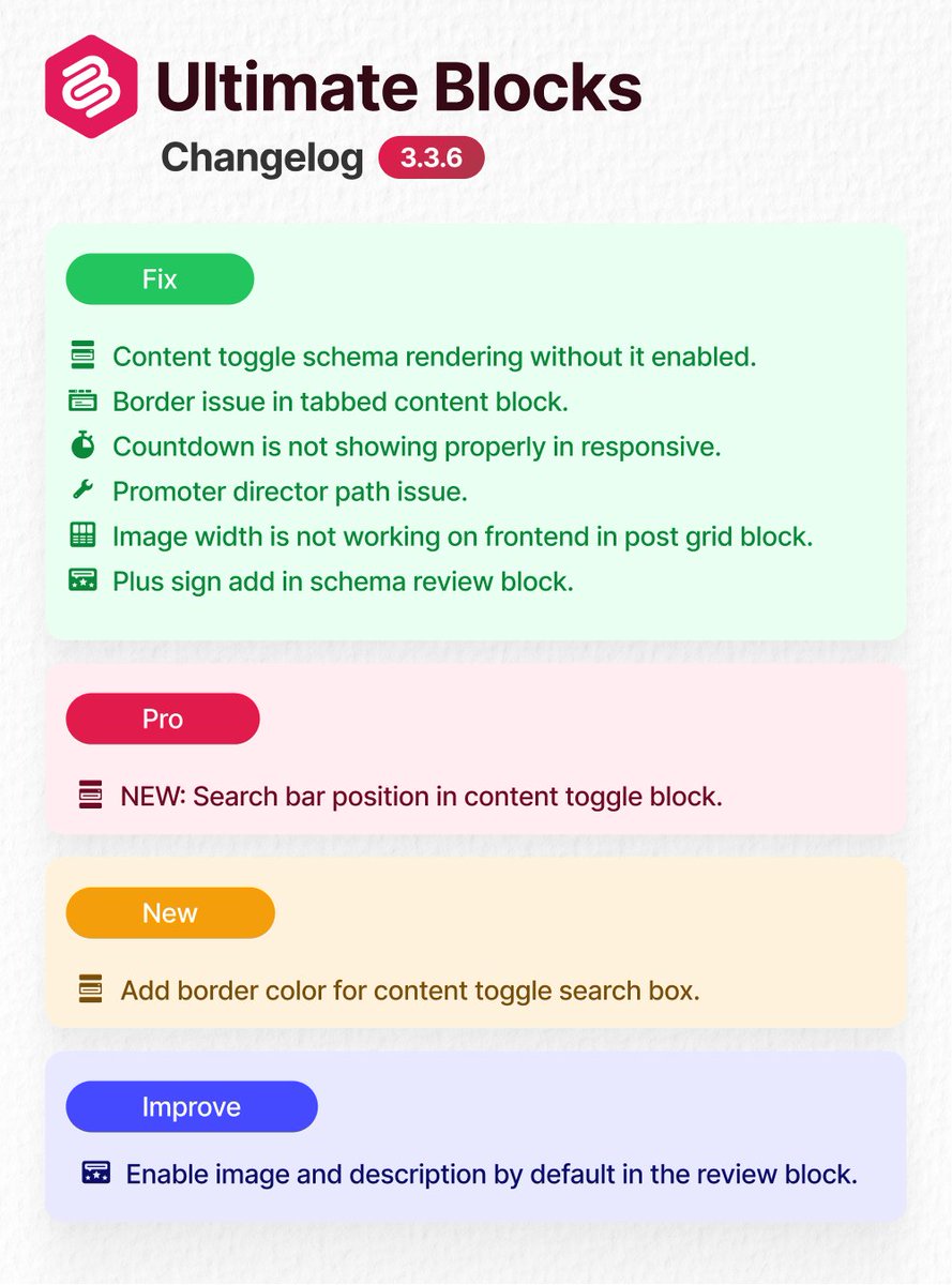 🚀 Ultimate Blocks v3.3.6 is live!

Fresh fixes, new features &amp; improvements for your favorite #WordPress block plugin.

Check out what’s new 👇

#Changelog #UltimateBlocks #WordPress