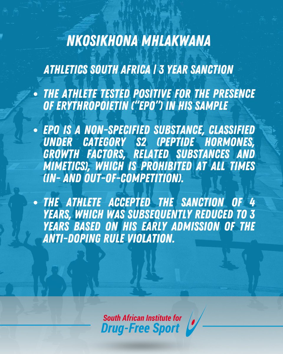 drugfreesportZA's tweet image. Fair play matters! Check out the latest doping cases &amp;amp; sanctions in South African sports for June 2025. Let&apos;s keep our games clean. Find the link: drugfreesport.org.za/recent-doping-…

#DopingFree #PlayFair #SouthAfricanSport #DopingCases2025