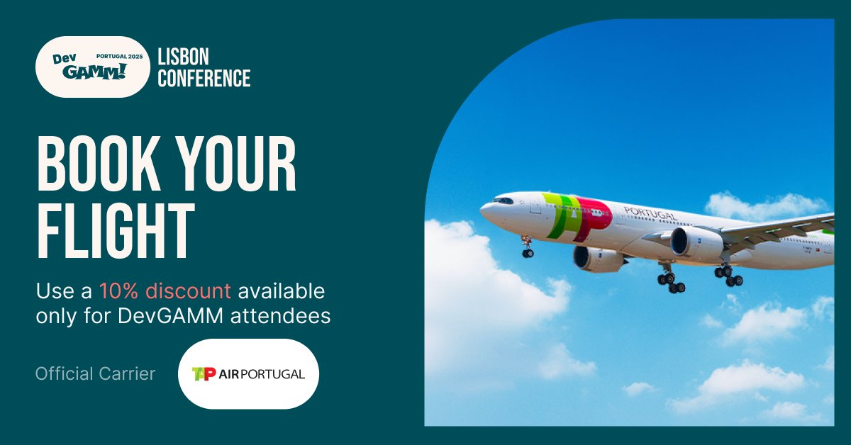 DevGAMM's tweet image. We’re teaming up with TAP Portugal – the Official Carrier of DevGAMM! ✈️
Get 10% off Business & Economy flights to Lisbon or Madeira for travel between Oct 28 – Nov 17.
🎟️ Book: bit.ly/book_TAP_PT
🖇️ Visit “Promotions and Campaigns” section and use promocode: IT25TPCG52