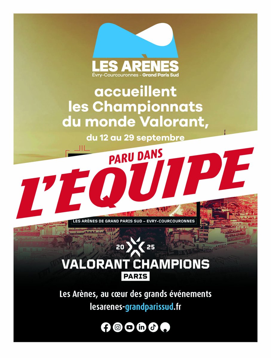 « 2025 Valorant Champions Paris » organisé par <a href="/riotgames/">Riot Games</a> sera à Évry-Courcouronnes du 12 au 29/09 pour les passionnés d'#esport !
🎟Vente à partir du 10/07, infos ici : loom.ly/jmxeVxc
Prêts pour un tournoi esport international ?
cc <a href="/lequipe/">L'Équipe</a>