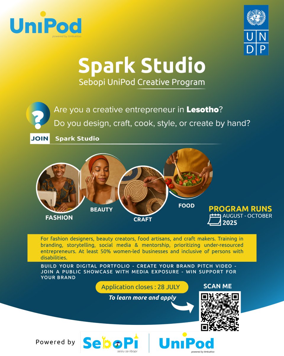📢 Applications are now open for Spark Studio!
An 8-week accelerator designed to help any entrepreneur in Lesotho level up with digital skills, branding &amp; social media!
🔥 Apply now!
<a href="/UNDPLesotho/">UNDP Lesotho</a> <a href="/ahunnaeziakonwa/">Ahunna Eziakonwa</a> <a href="/timbuktooafrica/">timbuktooAfrica</a> <a href="/JacquiyOlweya/">Jacqueline Olweya</a> <a href="/nmatsoso/">Neo M</a>
#DigitalSkills