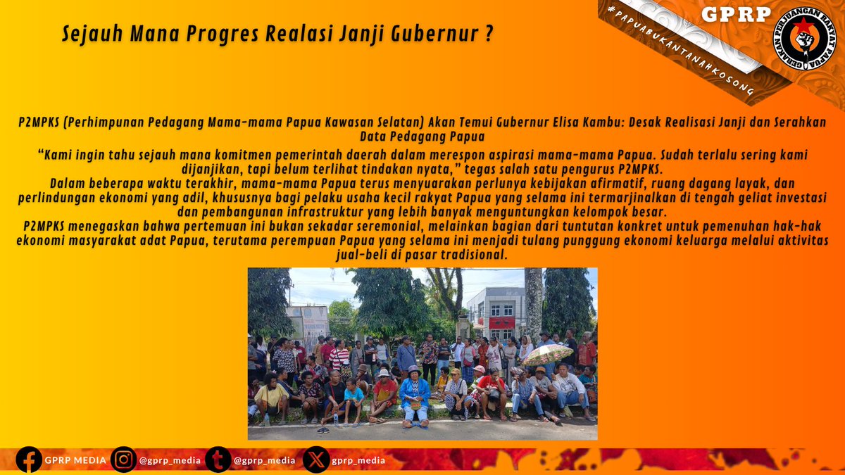 GPRP2022's tweet photo. P2MPKS AKAN TEMUI GUBERNUR ELISA KAMBU HARI KAMIS SERAHKAN DATA PEDAGANG PAPUA
#papuabukantanahkosong
#gerakan_perjuangan_rakyat_papua
#gerakanperjuanganrakyatpapua
#gprp
#mamapapua
#pasarrakyat
#Sorong
#westpapua
@pengikut
@prabowo https://t.co/VnMi30FXXZ