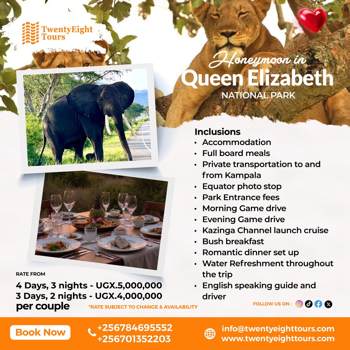 Celebrate love where lions laze and elephants roam 🐘🦁. Escape to Queen Elizabeth National Park with our all-inclusive honeymoon package ❤️

From romantic dinners to game drives and breathtaking views, this is the perfect start to a forever happy ever after 🌺

Book now!
