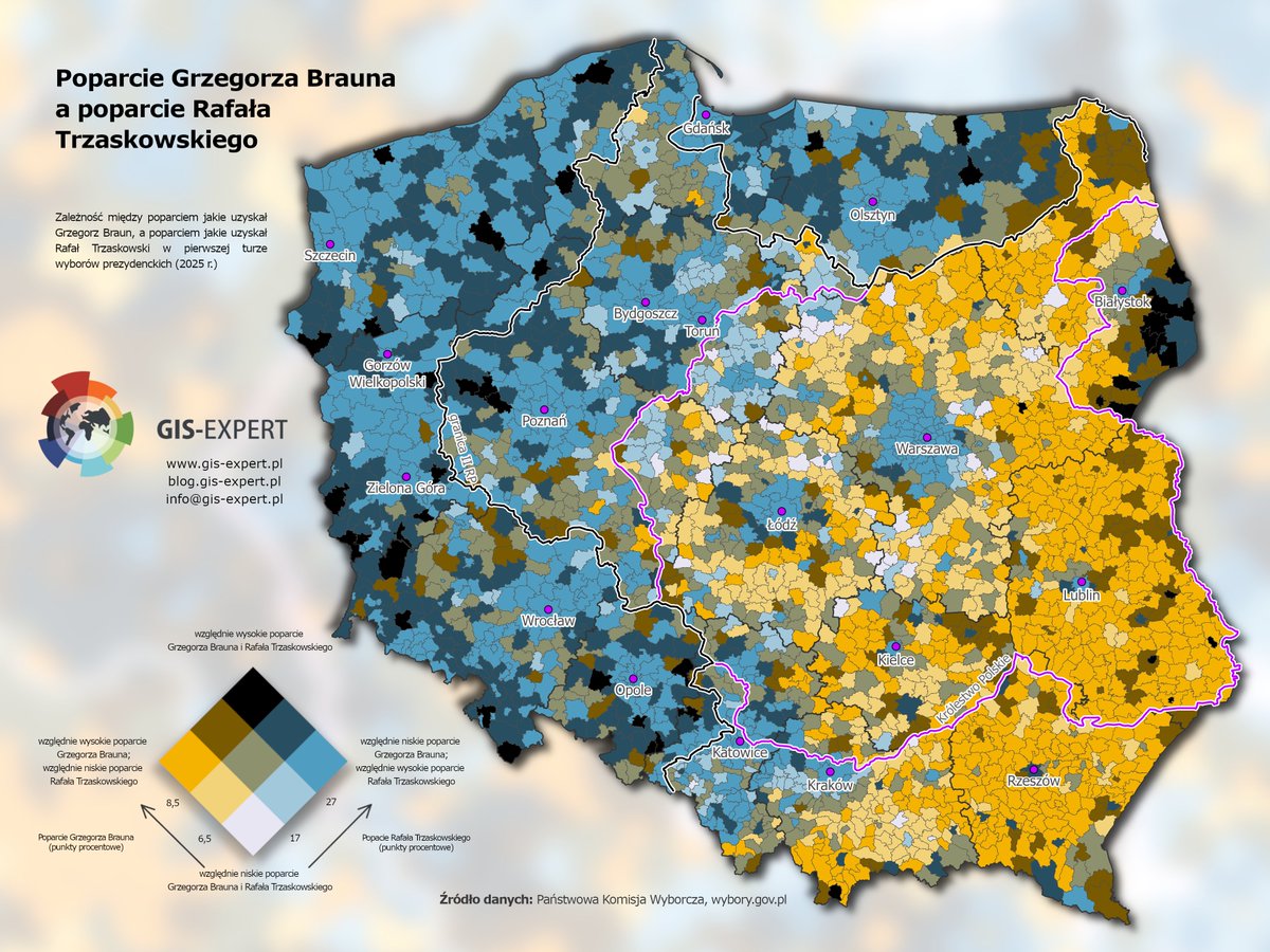 GISExpertPL's tweet photo. Zależność między poparciem G. Brauna i R. Trzaskowskiego w I turze wyborów prezydenckich w 2025 r.  
Ponownie, widoczna wyraźna zbieżność poparcia z granicami historycznymi. 
#wybory #WyboryPrezydenckie2025 https://t.co/m9MSkpwLX7