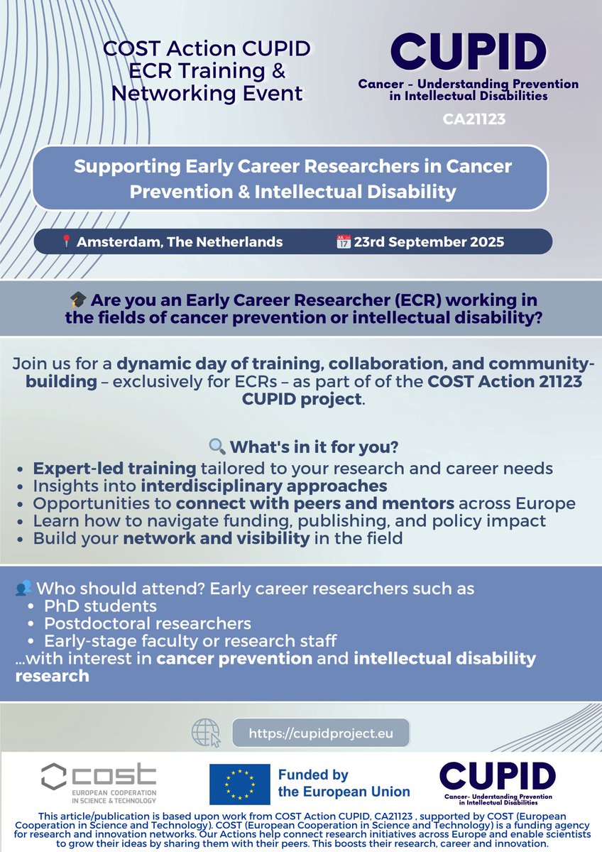 1st meeting will be held on 23rd September in #Amsterdam and is exclusively open to ECR #CUPID Members who have received an official invitation from the grant holder. Places are limited. Kindly use the link provided in the email. #COSTAction #cancerprevention