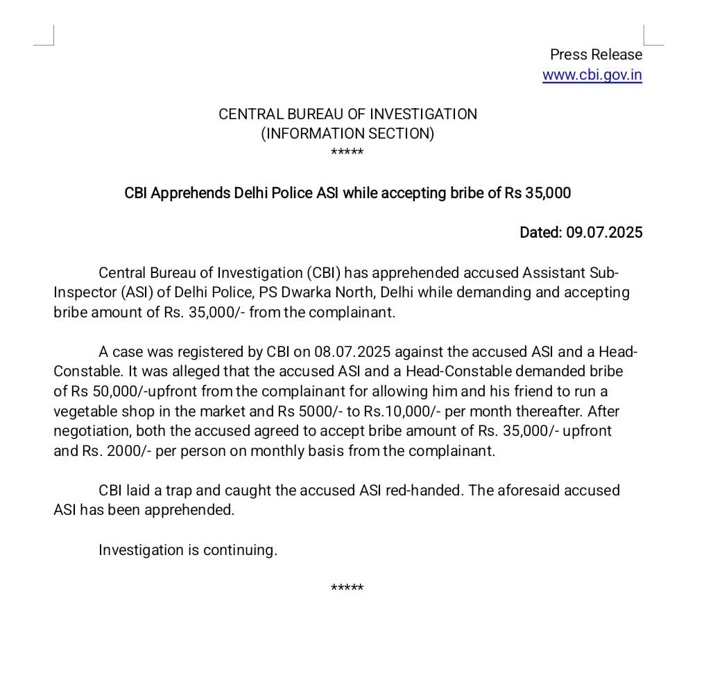 CBI Apprehends Delhi Police ASI while accepting bribe of Rs 35,000