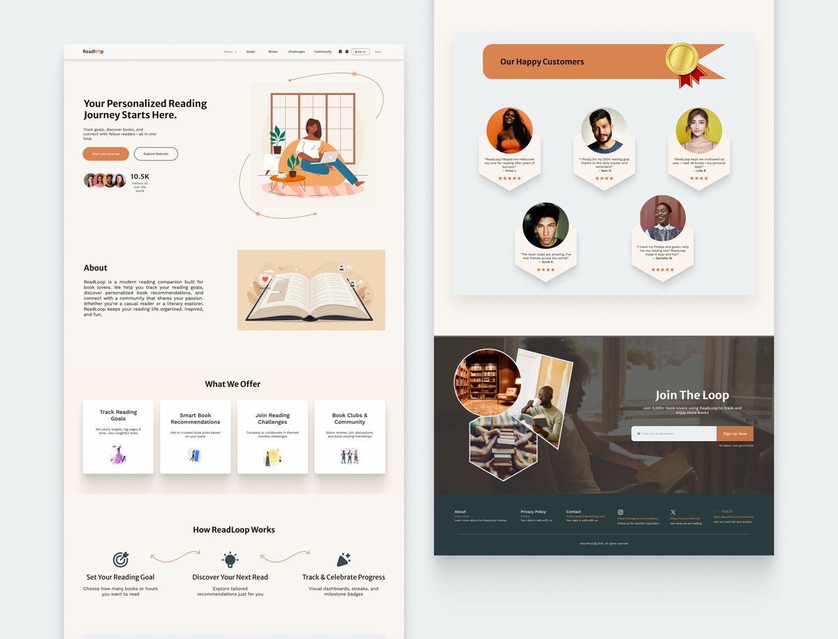 KOkwuso's tweet photo. Day 3 of the @axiaafrica Cohort 8 #DaillyUIChallenge
A landing page for ReadLoop — your cozy corner for tracking books, hitting goals &amp; finding your next favorite read.
Warm vibes, clean UI, book club energy.
Would you sign up? 
#UXDesign #UI #ProductDesign #ReadLoop #booklover https://t.co/RAq8H7XAba