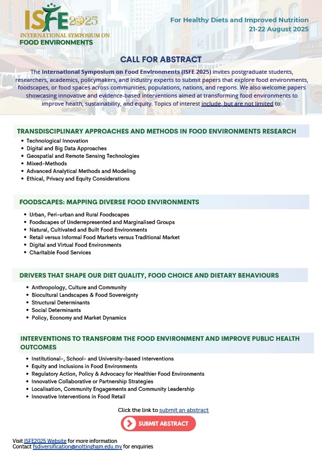 IPS Sri Lanka (@talkeconomicssl) on Twitter photo 🌍 Join us at ISFE 2025 – the International Symposium on Food Environments!
📅 21–22 August 2025
📍 University of Nottingham Malaysia
đź”— Submit your Abstract:
forms.office.com/pages/response…
đź”— Register now!
forms.office.com/pages/response…
<a href="/ArunatilakeN/">Nisha Arunatilake</a> <a href="/UoNMalaysia/">University of Nottingham Malaysia</a>
#ISFE2025 🌍 Join us at ISFE 2025 – the International Symposium on Food Environments!
📅 21–22 August 2025
📍 University of Nottingham Malaysia
đź”— Submit your Abstract:
forms.office.com/pages/response…
đź”— Register now!
forms.office.com/pages/response…
<a href="/ArunatilakeN/">Nisha Arunatilake</a> <a href="/UoNMalaysia/">University of Nottingham Malaysia</a>
#ISFE2025