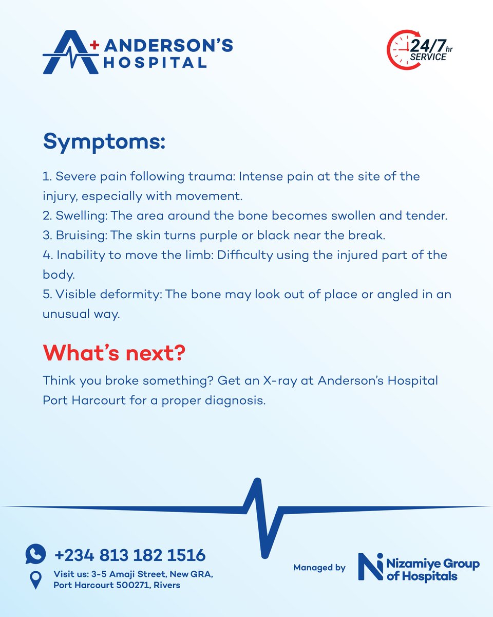 AndersonsHosp's tweet image. Broken Bones (X-Ray)
Severe pain, swelling, or bruising after an injury? Get an X-ray at Anderson’s Hospital Port Harcourt for a proper diagnosis and treatment.
#XrayService #OrthopaedicCare #AndersonsHospital