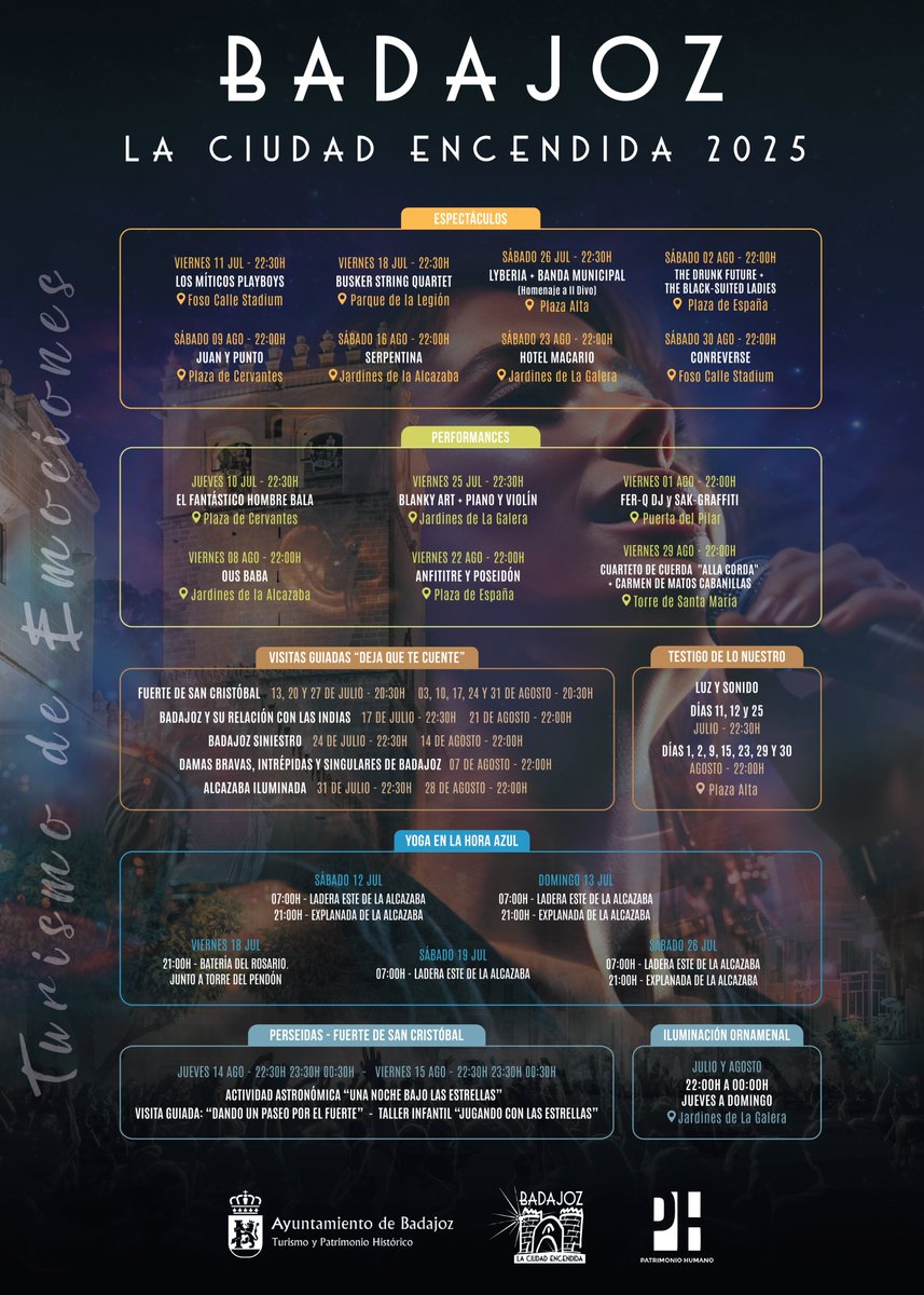 ¡Empieza #BadajozLaCiudadEncendida2025!
Disfruta arte, música, yoga y #PatrimonioHumano. Esta semana:
🟣 Jueves:🎪“El Fantástico Hombre Bala”
🟣 Viernes: Los Playboys
🟣 Sábado y domingo🌅Yoga 
🟣 Dom: Visita Guiada por el FSC
📲 + Info en web.
#WelcomeToBadajoz #TurismoBadajoz