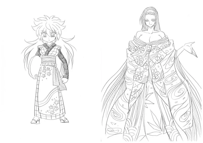【こした先生キャラデザラフ蔵出し公開】

・くろえさんは【花魁】イメージ
・あかり叔母さんは【茶屋娘】イメージ

和風ホラー展開(?)に合わせて和装で登場です!

#ドッジ弾子 