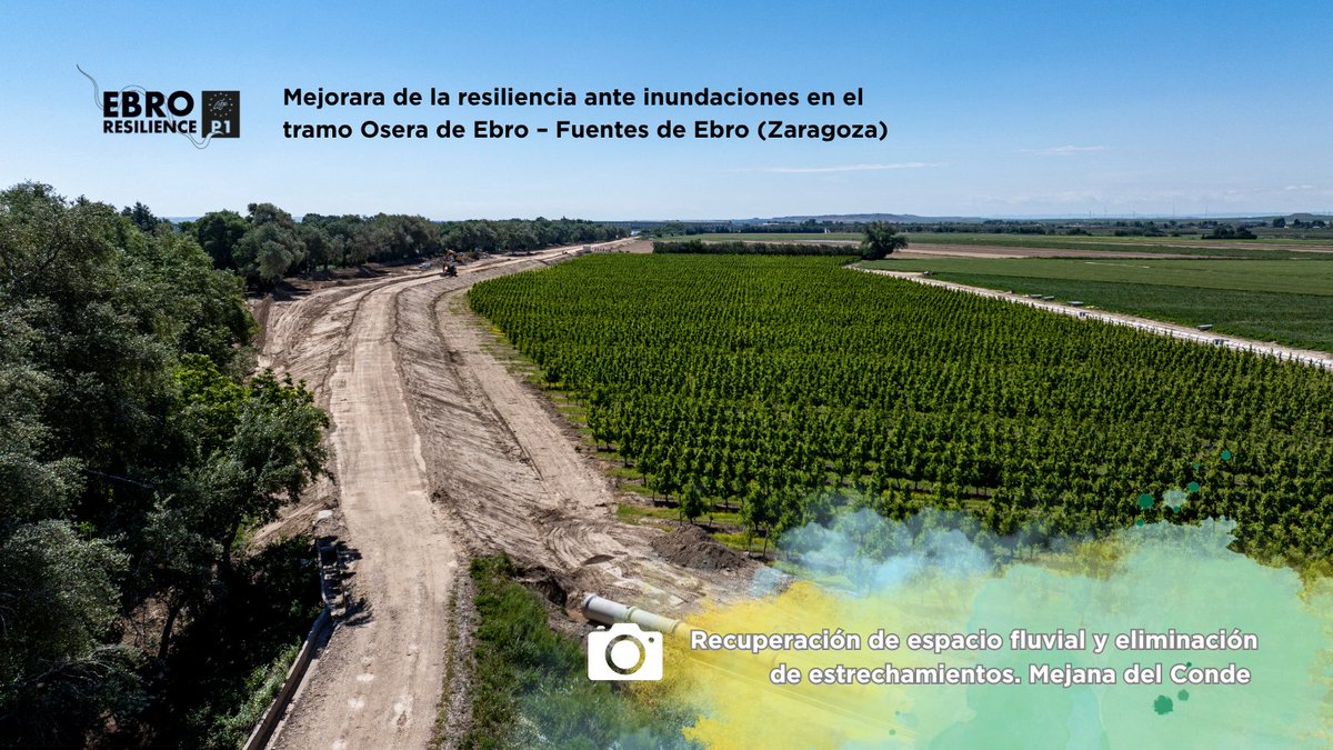 Hacer compatibles la actividad agrícola con el fenómeno de #inundaciones. Mejora de la resiliencia tramo Osera -Fuentes de Ebro (Z): acción 1⃣ #LIFEEbroResilienceP1 recuperación de espacio fluvial. Eliminamos estrechamientos del Ebro en el meandro de Aguilar y mejana del Conde