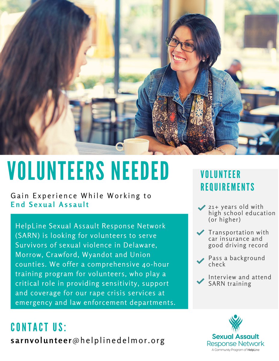 HelpLine (@helplinedelmor) on Twitter photo HelpLine Sexual Assault Response Network (SARN) is looking for volunteers to serve Survivors of sexual violence in Delaware, Morrow, Crawford, Wyandot and Union counties. Email sarnvolunteer@helplinedelmor.org to learn more or visit: connections.galaxydigital.com/need/detail/... HelpLine Sexual Assault Response Network (SARN) is looking for volunteers to serve Survivors of sexual violence in Delaware, Morrow, Crawford, Wyandot and Union counties. Email sarnvolunteer@helplinedelmor.org to learn more or visit: connections.galaxydigital.com/need/detail/...