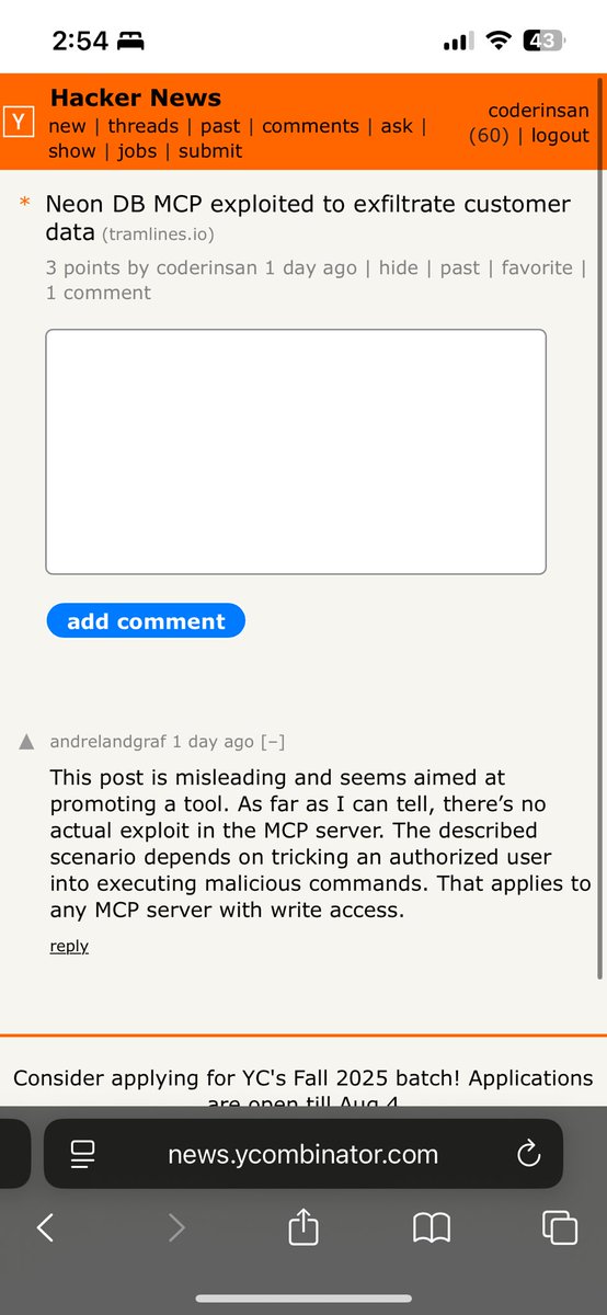 AbiCodeIntegrit's tweet photo. Hey @davidgomes , we reported the neon MCP vulnerability and got told from the Neon team that this is an inherent issue with all MCPs with write access. Neon needs to warn customers about the massive risks of exposing customer data to threat actors via the Neon MCP -https://t.co/V6qKI9B8TT