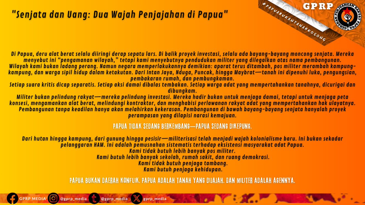 GPRP2022's tweet photo. Papua tidak sedang berkembang tapi Papua sedang di Kepung.
#papuabukantanahkosong
#gerakan_perjuangan_rakyat_papua
#gerakanperjuanganrakyatpapua
#gprp
#neokolonialisme
#militeristik
#westpapua
@pengikut
@prabowo https://t.co/0HoavwU48z