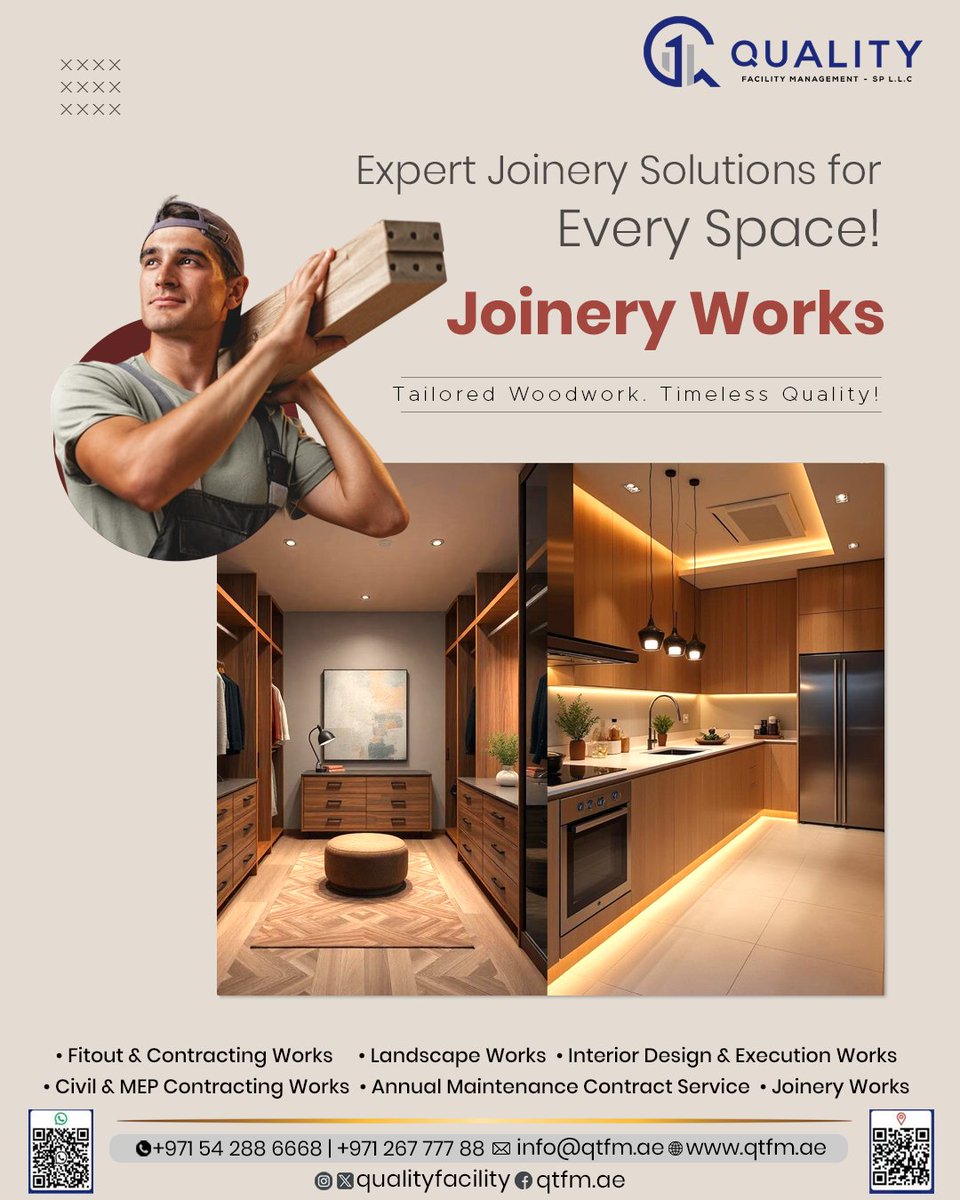 quality_facilit's tweet image. We specialise in crafting bespoke woodwork that seamlessly blends functionality with timeless design. 

 For More details: 
☎️ +971 26777788
🌐 qtfm.ae
 ✉️ info@qtfm.ae

#QTFM #QualityFacilityManagement #InteriorFitout #ContractingWorks #SpaceTransformation