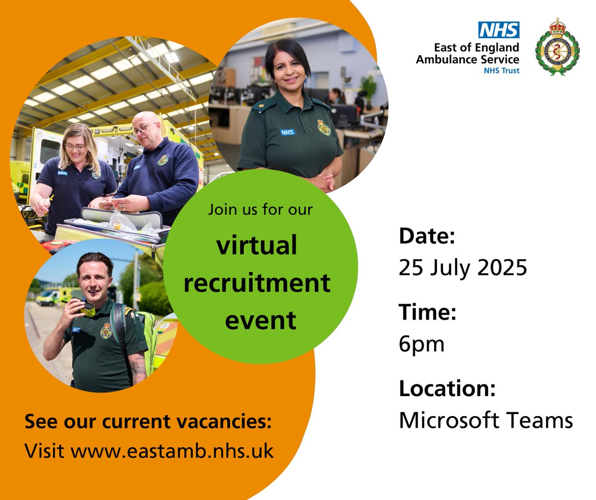 EastEnglandAmb's tweet image. Got any plans for next Friday? We have - it's our next virtual recruitment event! 💻
We look forward to seeing you there 👋
🔗 Express your interest by filling in the form on our website: eastamb.nhs.uk/form/expressio…