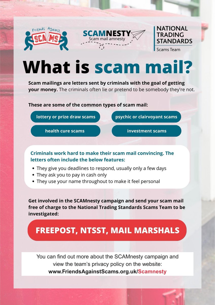 SuffolkTS's tweet image. ✉ Every year, Friends @AgainstScams runs a #SCAMnesty campaign. They have a Freepost mailbox where you can send any scam mail you’ve received free of charge to help with their investigations! ➡️ friendsagainstscams.org.uk/scamnesty
#ScamAware