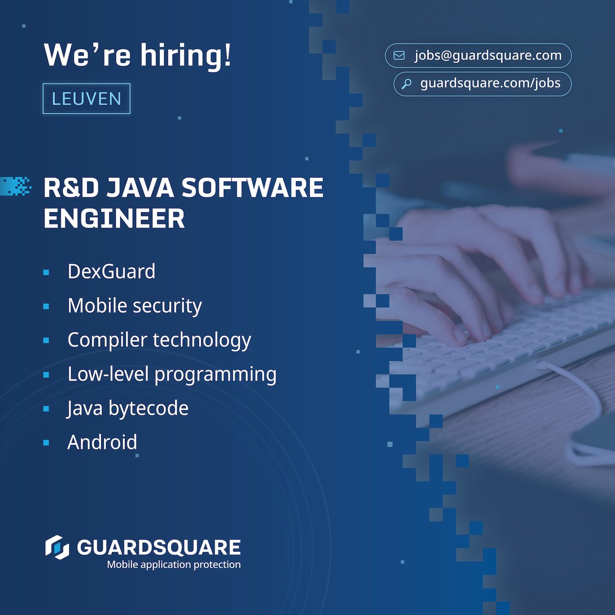 Guardsquare (@guardsquare) on Twitter photo Guardsquare is hiring in our Leuven office! 🇧🇪
We’re looking for an experienced Software Engineer to join our Java team working with compiler technology, obfuscation, and encryption.
Think you might be a good fit?
Apply today!
jobs@guardsquare.com
hubs.la/Q03w3y2q0 Guardsquare is hiring in our Leuven office! 🇧🇪
We’re looking for an experienced Software Engineer to join our Java team working with compiler technology, obfuscation, and encryption.
Think you might be a good fit?
Apply today!
jobs@guardsquare.com
hubs.la/Q03w3y2q0