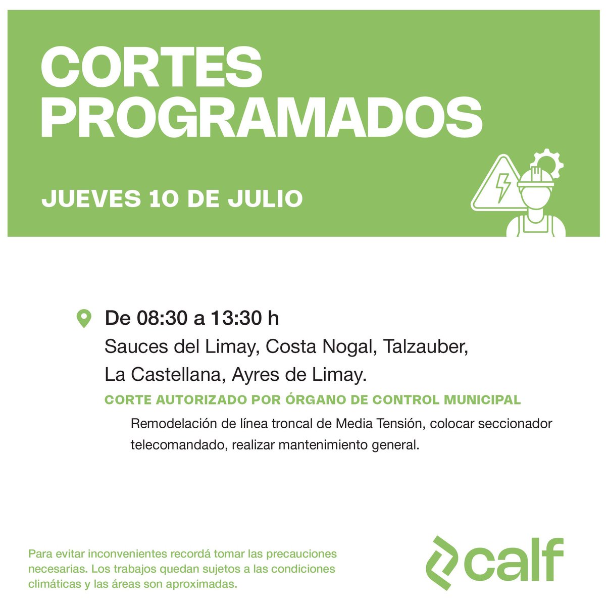 Calf informa los cortes programados para este jueves 10 de julio.
#Calf #Neuquen
