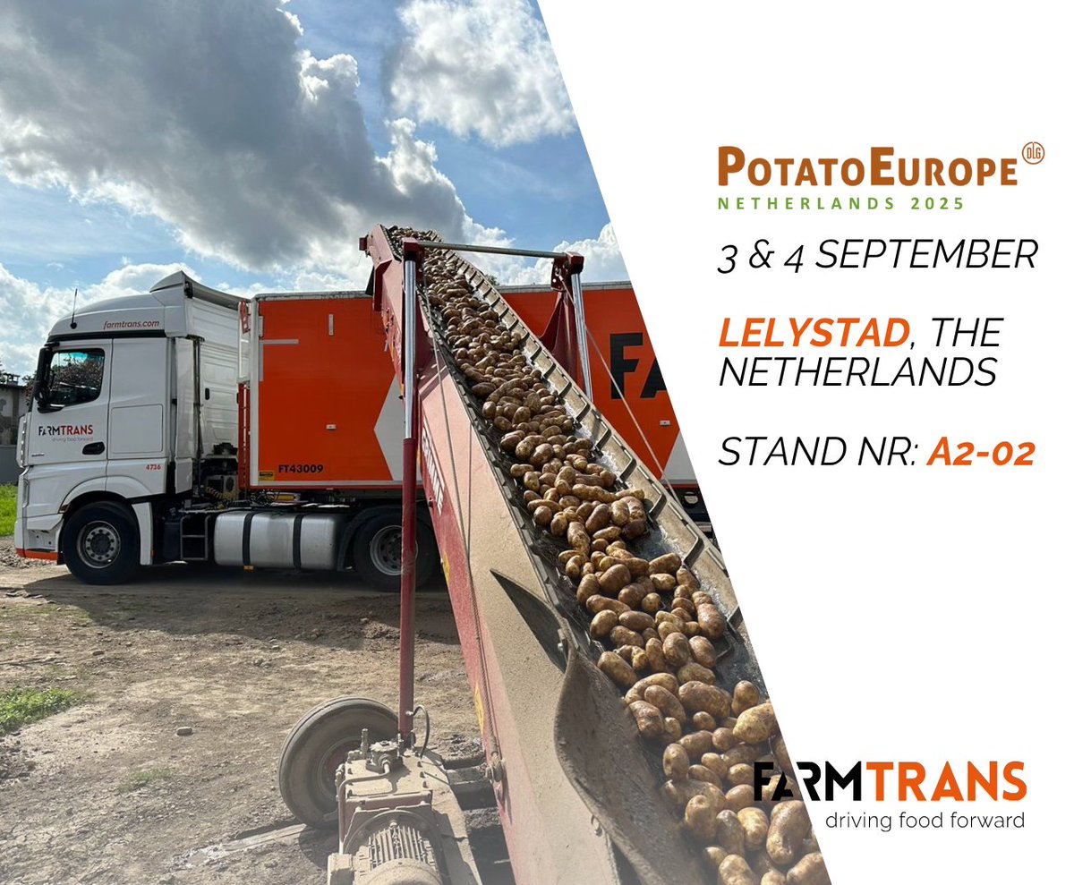 FarmTrans's tweet photo. On September 3rd &amp; 4th, the Farm Trans team will attend @PotatoEurope in Lelystad, the international exhibition focused on innovation in the potato industry. Visit us at stand A2-02 at Wageningen University &amp; Research. Read all about it via the link: https://t.co/mOmlPEdpD6 https://t.co/QGIL7zR4US