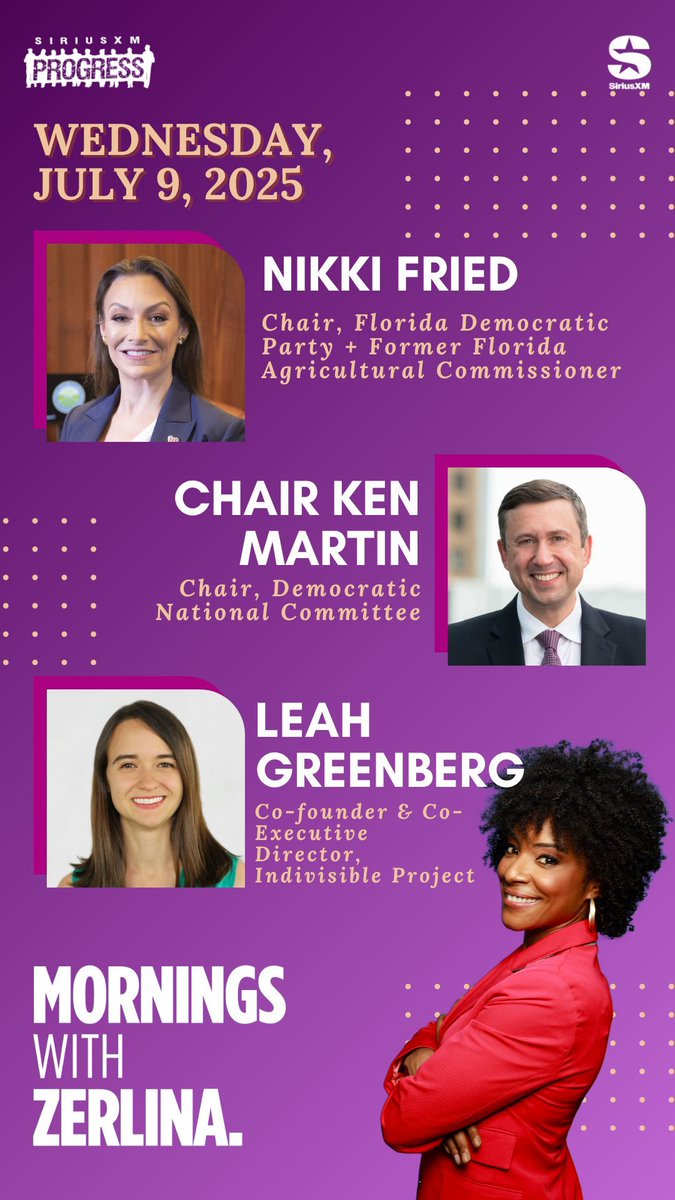 ZerlinaMornings's tweet image. Hello Wednesday! Joining Zerlina on the show this morning: @FlaDems Chair @NikkiFried, @TheDemocrats Chair @kenmartin73, @IndivisibleTeam Co-Founder & Co-Executive Director @Leahgreenb!
☎️ 866-997-4748
📻 @SiriusXMProg Ch. 127
siriusxm.us/Zerlina