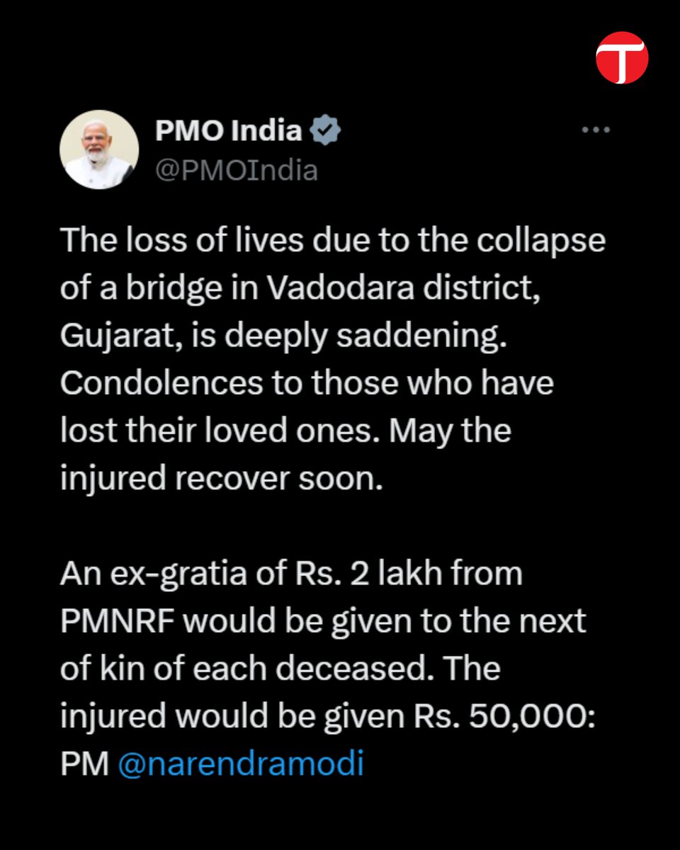 etribune's tweet photo. Ten people have died after the collapse of a bridge in India's western state of Gujarat, broadcaster NDTV reported on Wednesday.
For more: https://t.co/j1s8mJg0v0
#etribune #GujaratBridgeCollapse #IndiaTragedy #BridgeAccident #GujaratNews #FatalCollapse #NDTVReport #IndiaDisaster #FatalAccident #GujaratFatalities