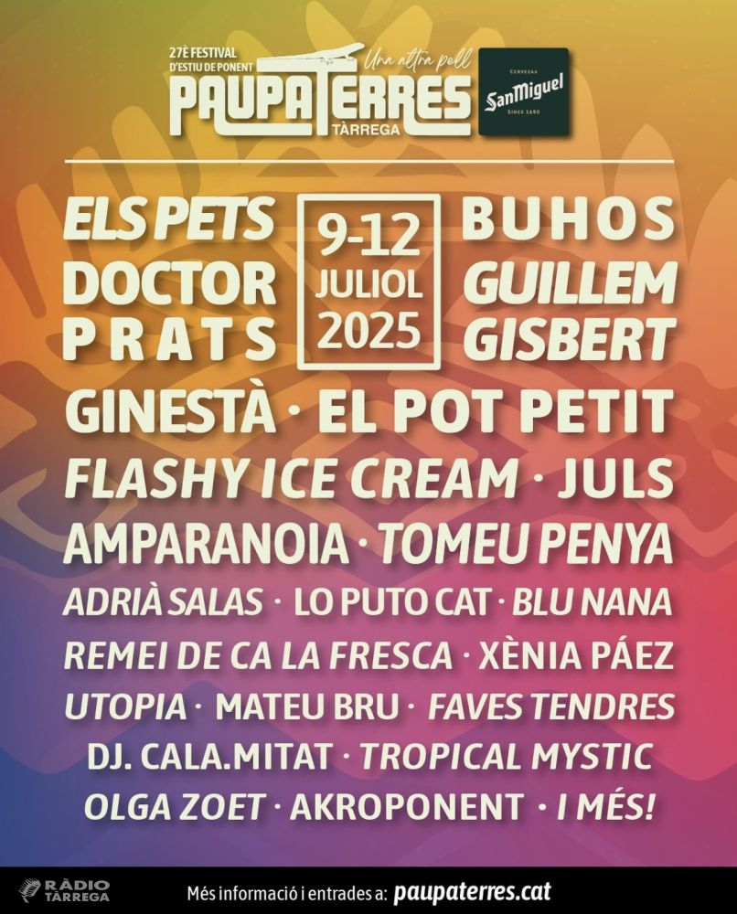Torna el Festival Paupaterres 🎉 a Tàrrega! Del 9 al 12 de juliol, 📍l’URGELL es converteix en l’epicentre musical de Ponent. Un festival d’estiu amb concerts, bon ambient i activitats per a totes les edats 😍.Vine a gaudir de cultura, gastronomia i moments inoblidables!