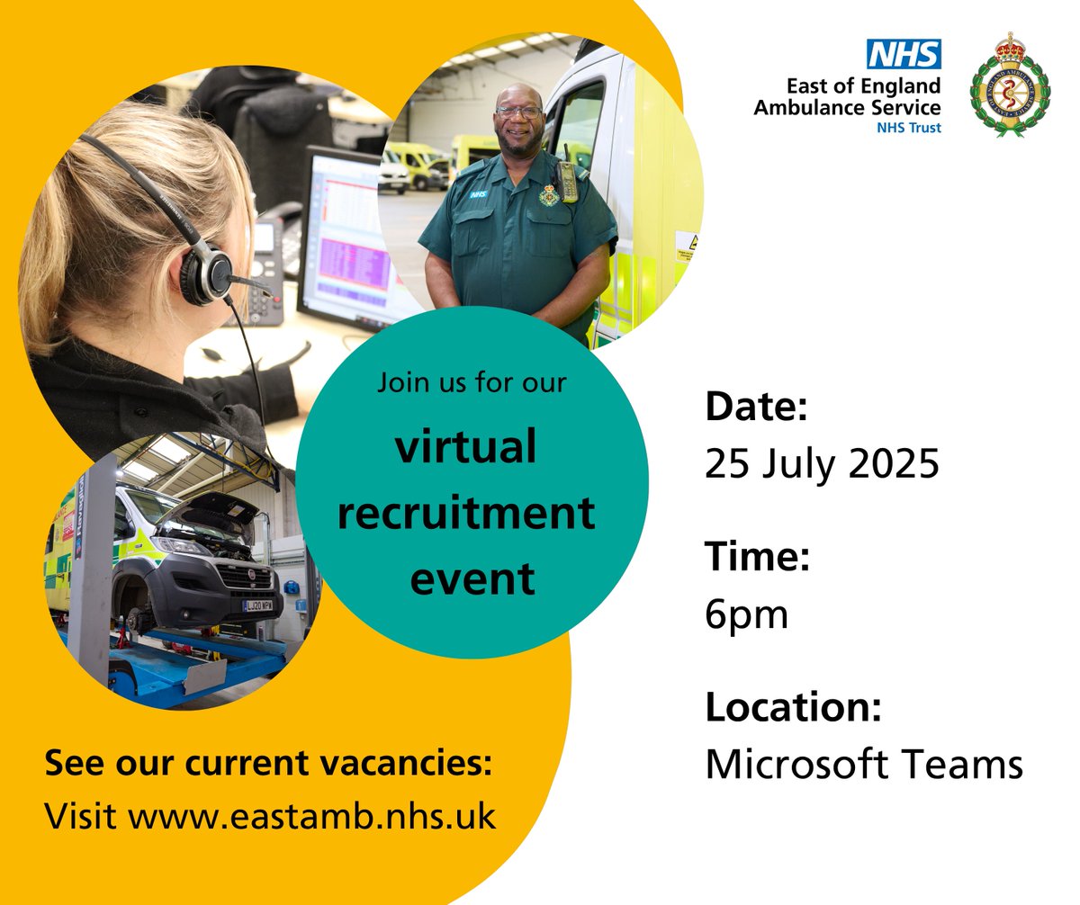 EastEnglandAmb's tweet image. Our next virtual recruitment event is taking place THIS Friday!🧑💻
If you’re considering joining #TeamEEAST and would like to find out more, be sure to join us.
🔗 Express your interest by filling in the form on our website: eastamb.nhs.uk/form/expressio…