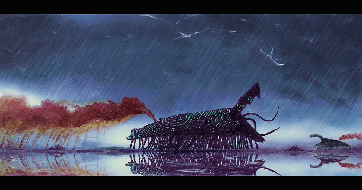 stevemobcannon's tweet image. Project Phtanum - Two greatrumblers use the backdrop of a thunderstorm for a courtship dance. They circle around each other and spray hormone-laced red nitrogen dioxide into the air. To the partner, this is an addicting cocktail.