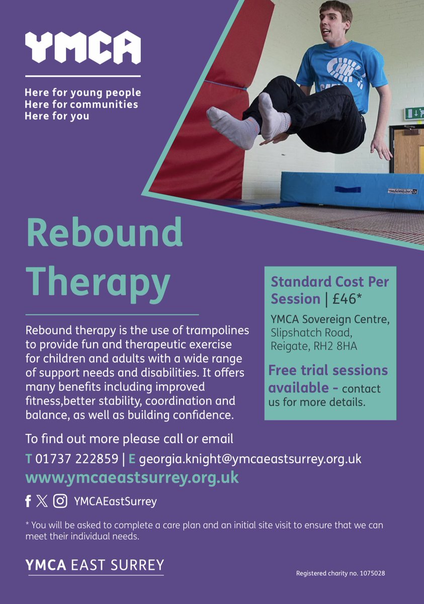 YMCA East Surrey (@ymcaeastsurrey) on Twitter photo We're now welcoming more bouncers to join our #ReboundTherapy sessions - a fun and therapeutic trampoline-based activity designed for children & adults with a wide range of support needs & disabilities.
To enquire about a trial session, email Georgia.Knight@ymcaeastsurrey.org.uk We're now welcoming more bouncers to join our #ReboundTherapy sessions - a fun and therapeutic trampoline-based activity designed for children & adults with a wide range of support needs & disabilities.
To enquire about a trial session, email Georgia.Knight@ymcaeastsurrey.org.uk