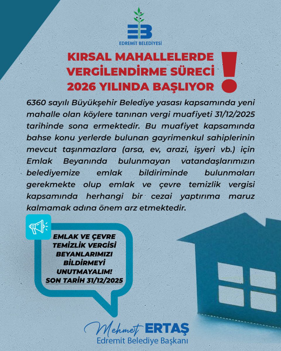 🗣 KIRSAL MAHALLELERDE GAYRİMENKUL SAHİBİ OLAN KOMŞULARIMIZA ÖNEMLE DUYURULUR❗️
