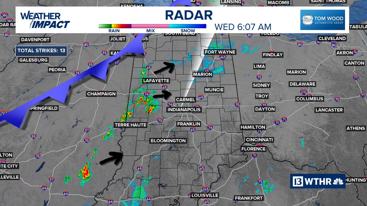 6:10AM -- Clusters of downpours and storms are pushing deeper into central Indiana. Watch for some rain heading out later this morning. #INwx <a href="/WTHRcom/">WTHR.com</a>