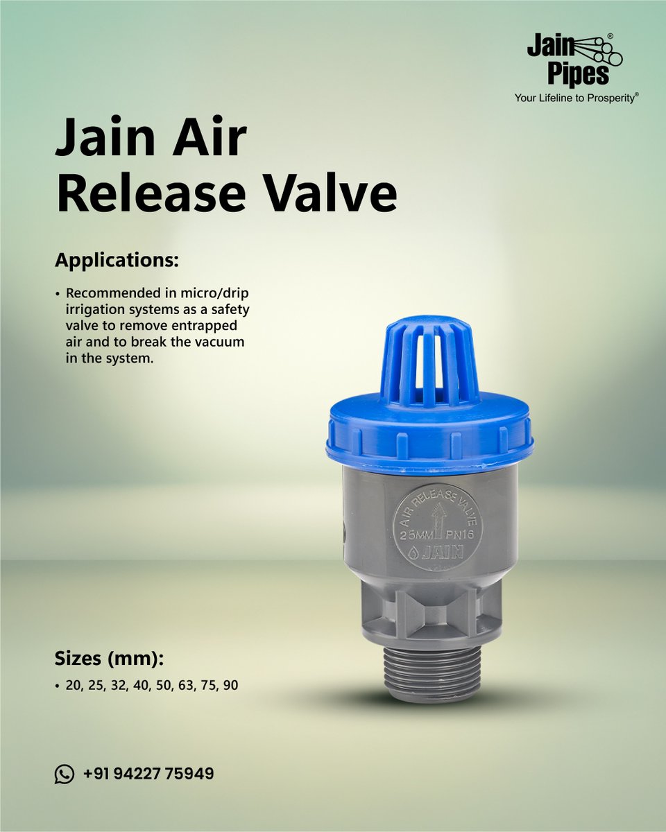💨 Let Air Out, Keep Flow In – with Jain Air Release Valve! 💧
Tiny valve, BIG impact! Specially designed for micro &amp; drip irrigation systems, it removes trapped air and breaks vacuum to keep your water flowing smoothly and safely.

✅ Essential for system safety
✅ Ensures