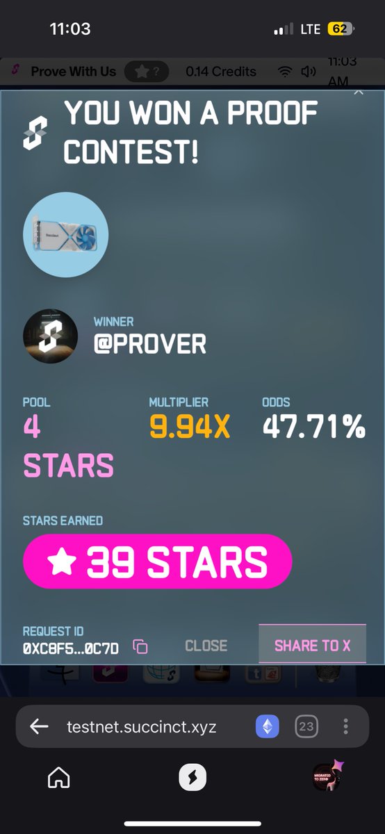 I just won 39 stars in the Succinct Stage 2 Proof Contest! Prove with us <a href="/SuccinctLabs/">Succinct</a> #ProveWithUs 

YESSS, I JUST WON MY 50TH PROOF, CLOCKING OUT HERE

LIVED IT, ABSOLUTELY LOVED IT

stage 2 ends today, ty <a href="/nair_advaith/">Advaith</a> <a href="/0xCRASHOUT/">crashout</a> <a href="/pumatheuma/">Uma Roy</a> 

ngl it was such a FUN (and