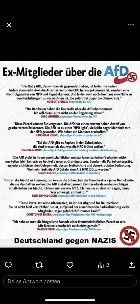 Die AfD wurde vor zwölf Jahren als wirtschaftsliberale und Euro kritische Partei gegründet, kurz danach aber bereits von Rechtsextremisten und Neonazis gekapert. Seit dem radikalisiert sich die Partei immer weiter. Alle Versuche der jeweiligen AfD Bundesvorsitzenden, die massiv