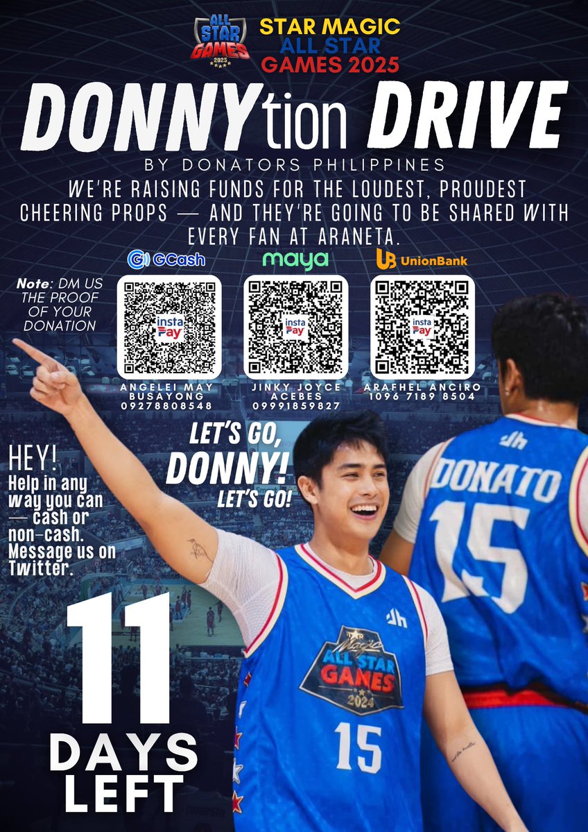 DONATORSPH's tweet image. DONNYtion Drive: Star Magic All Star Games 2025 💙

Hey, Team Donny!

The countdown is ON — just 11 DAYS to go ‘til the Star Magic All-Star Games.

We’re still in need of DONNYtions to help cover props and logistics for this year’s All-Star Games. Every little bit counts and is…